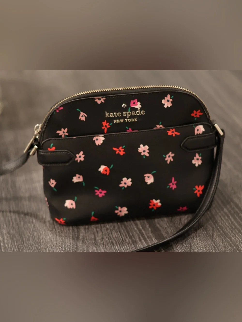 Kate Spade New York Floral Crossbody Bag Black Textured Adjustable Strap